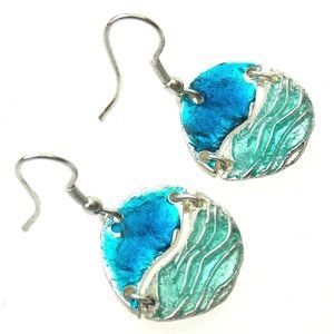 Anju Pewter Sea Wave Earrings Teal Aqua Colored Enamel Handcrafted Pewter Dangle